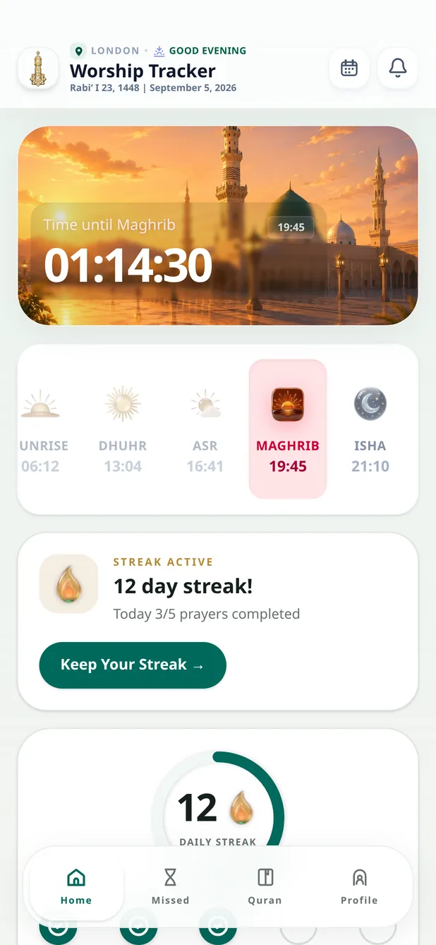 Taqwa home screen: countdown to Maghrib, today's prayers, 12-day streak