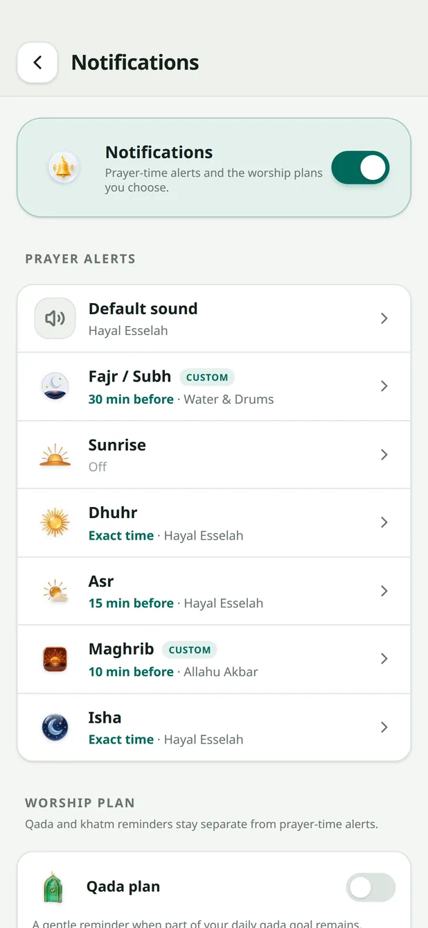 Notification settings: per-prayer alert sounds and offsets