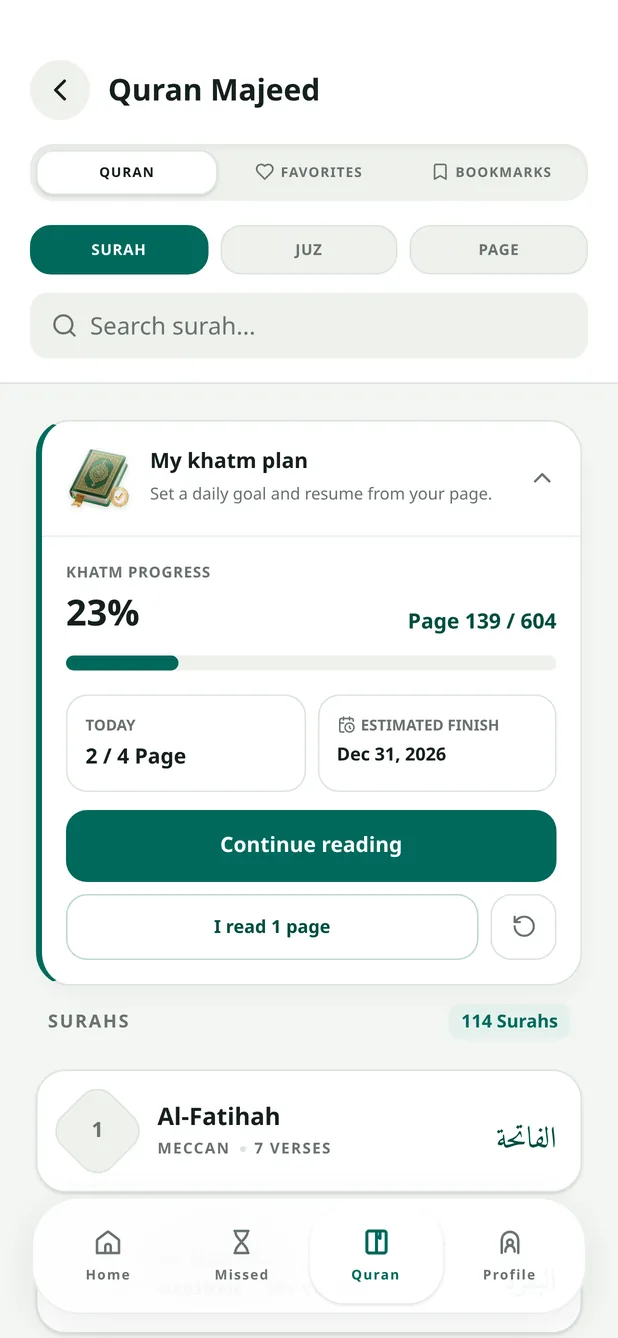 Quran reader with a khatm plan at 23%
